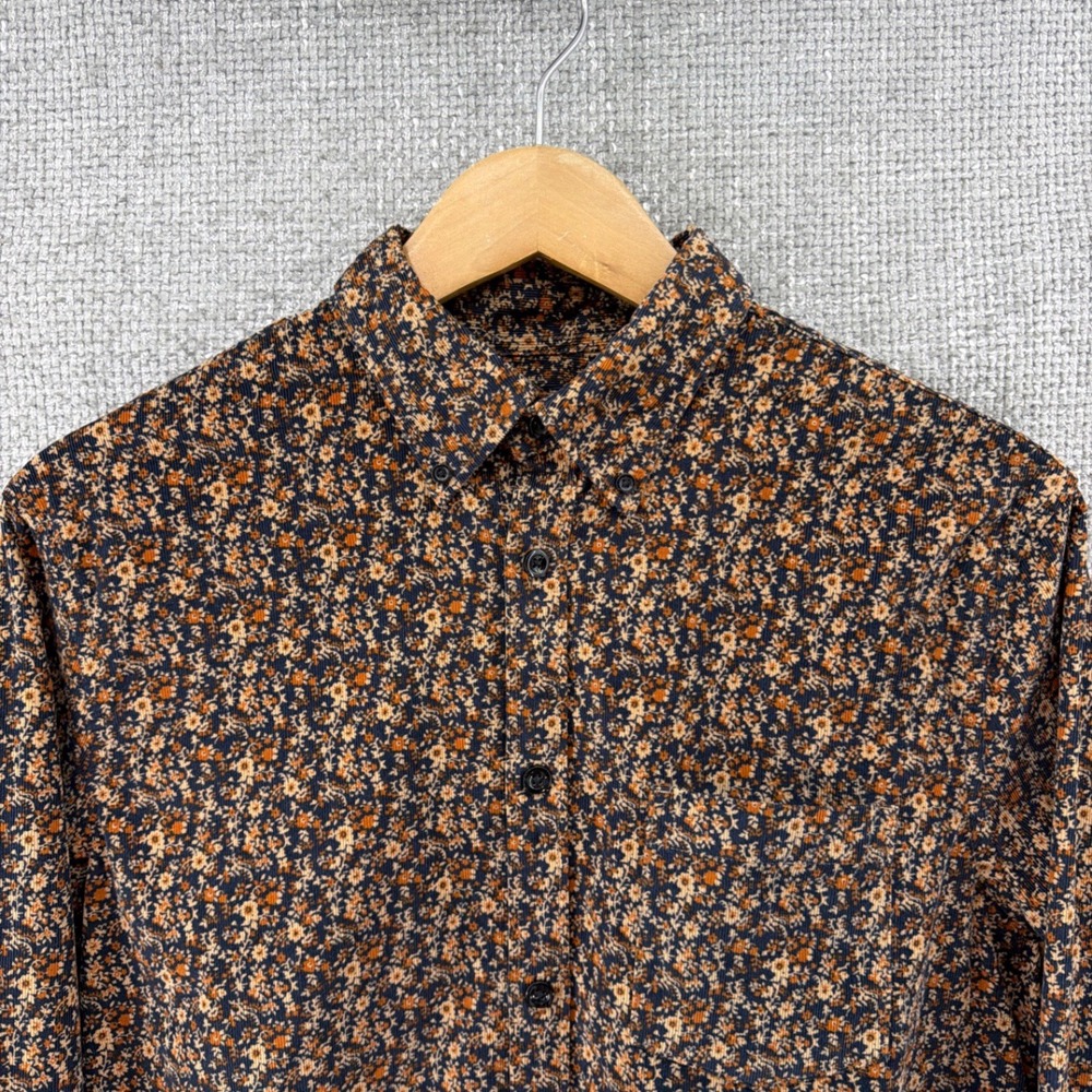 Express Mens Floral Corduroy Button Down‎ Shirt Navy Orange Cotton Blend Size M